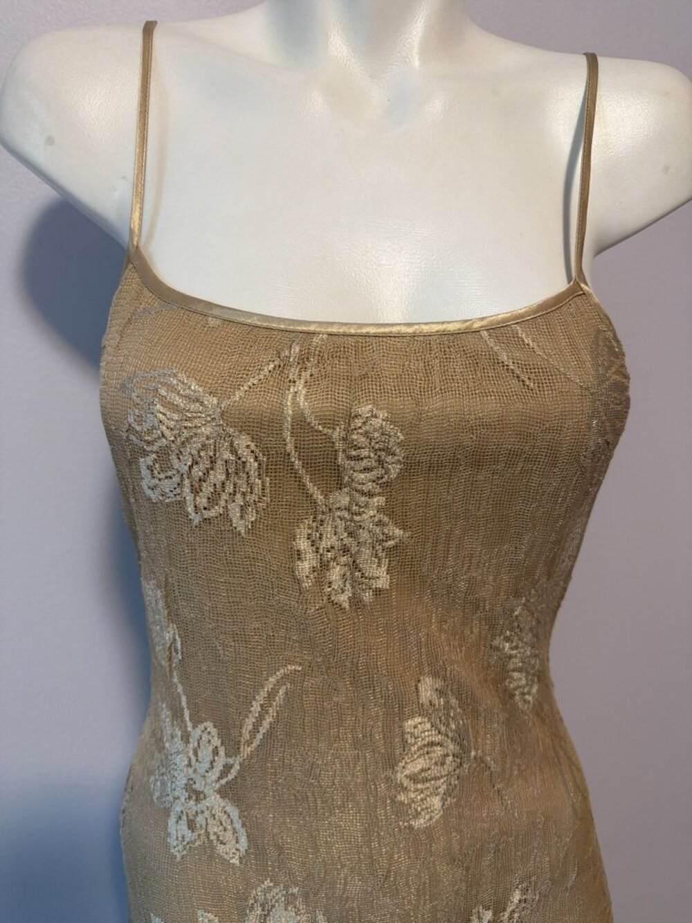 Vintage Y2K Mesh Maxi Skirt Floral Gold Beige Sheer Overlay Lined Dress Medium M - Picture 5 of 7